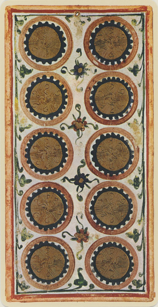 The Ten of Coins, faksimile Tarot-kortista "Visconti"-pakasta, 1441-47 tekijältä Bonifacio Bembo