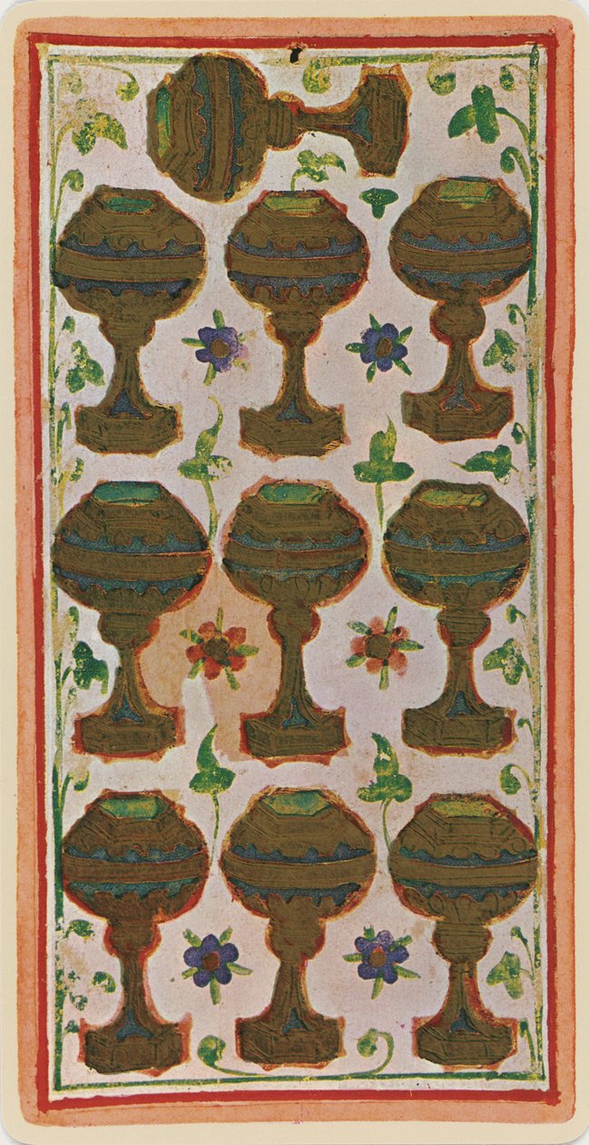 The Ten of Cups, faksimile Tarot-kortista "Visconti"-pakasta, 1441-47 tekijältä Bonifacio Bembo