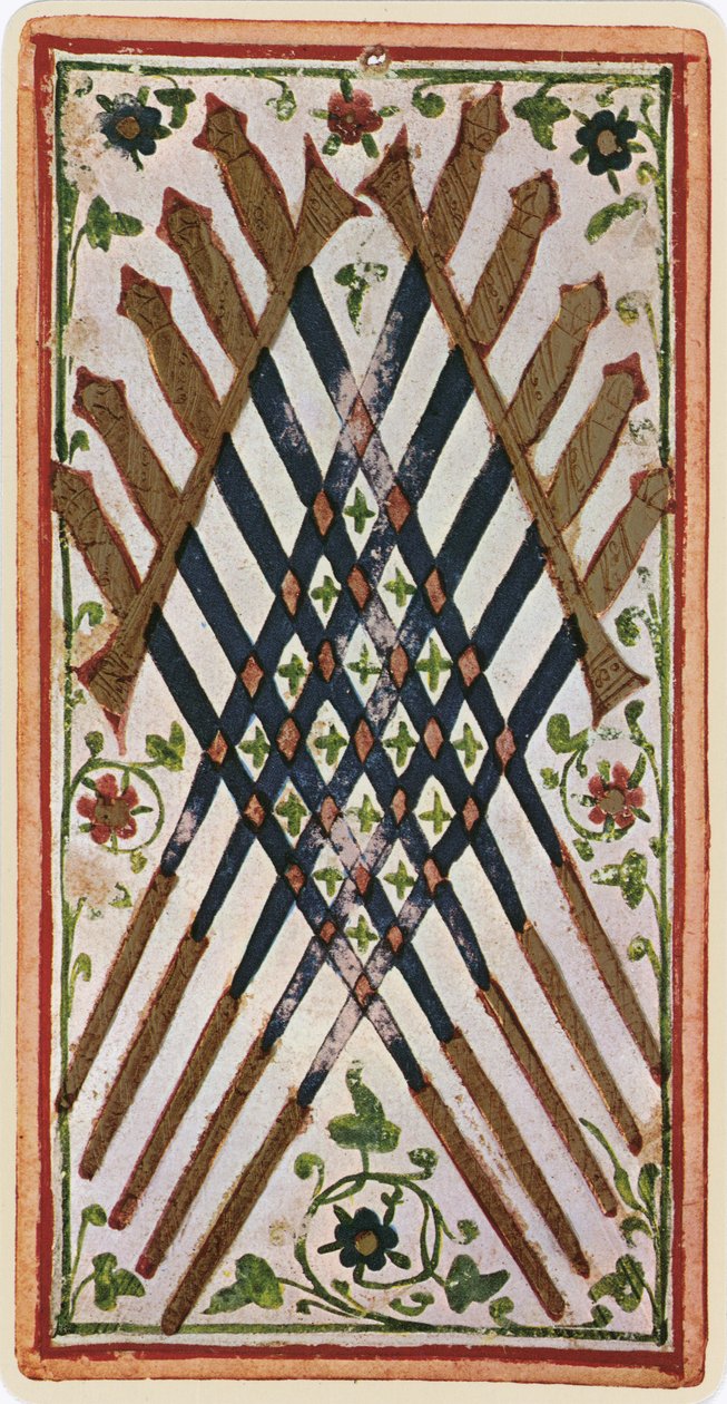 The Ten of Swords, faksimile Tarot-kortista "Visconti"-pakasta, 1441-47 tekijältä Bonifacio Bembo