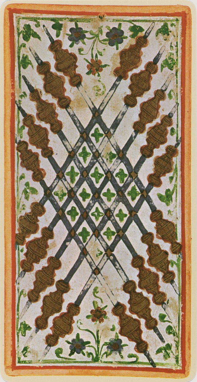 The Ten of Wands, faksimile Tarot-kortista "Visconti"-pakasta, 1441-47 tekijältä Bonifacio Bembo