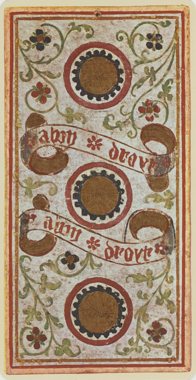 Kolme kolikkoa, faksimile Tarot-kortista "Visconti"-pakasta, 1441-47 tekijältä Bonifacio Bembo