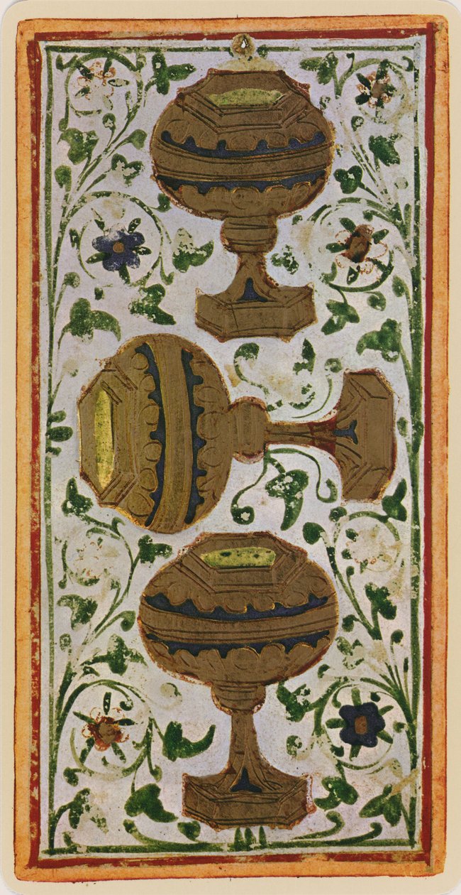 The Three of Cups, faksimile Tarot-kortista "Visconti"-pakasta, 1441-47 tekijältä Bonifacio Bembo