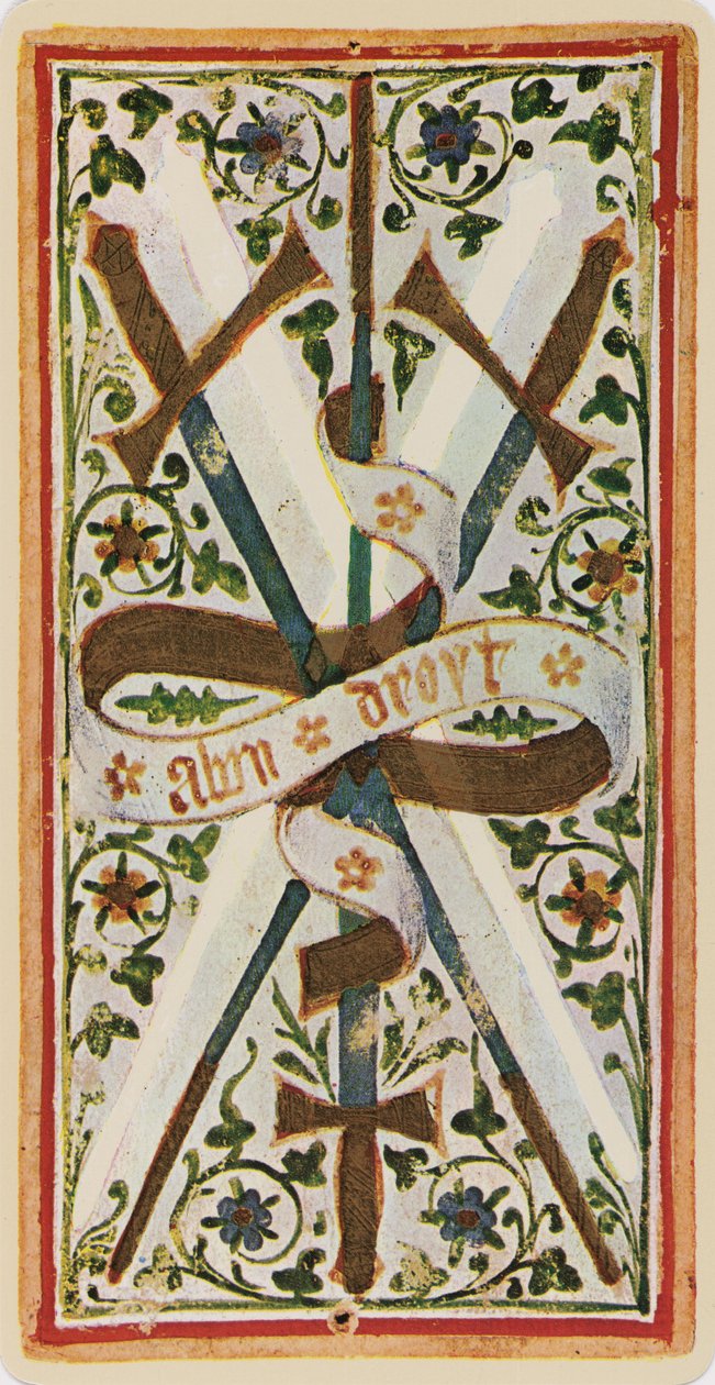 Kolme miekkaa, faksimile tarotkortista Visconti-pakasta, 1441-47. tekijältä Bonifacio Bembo