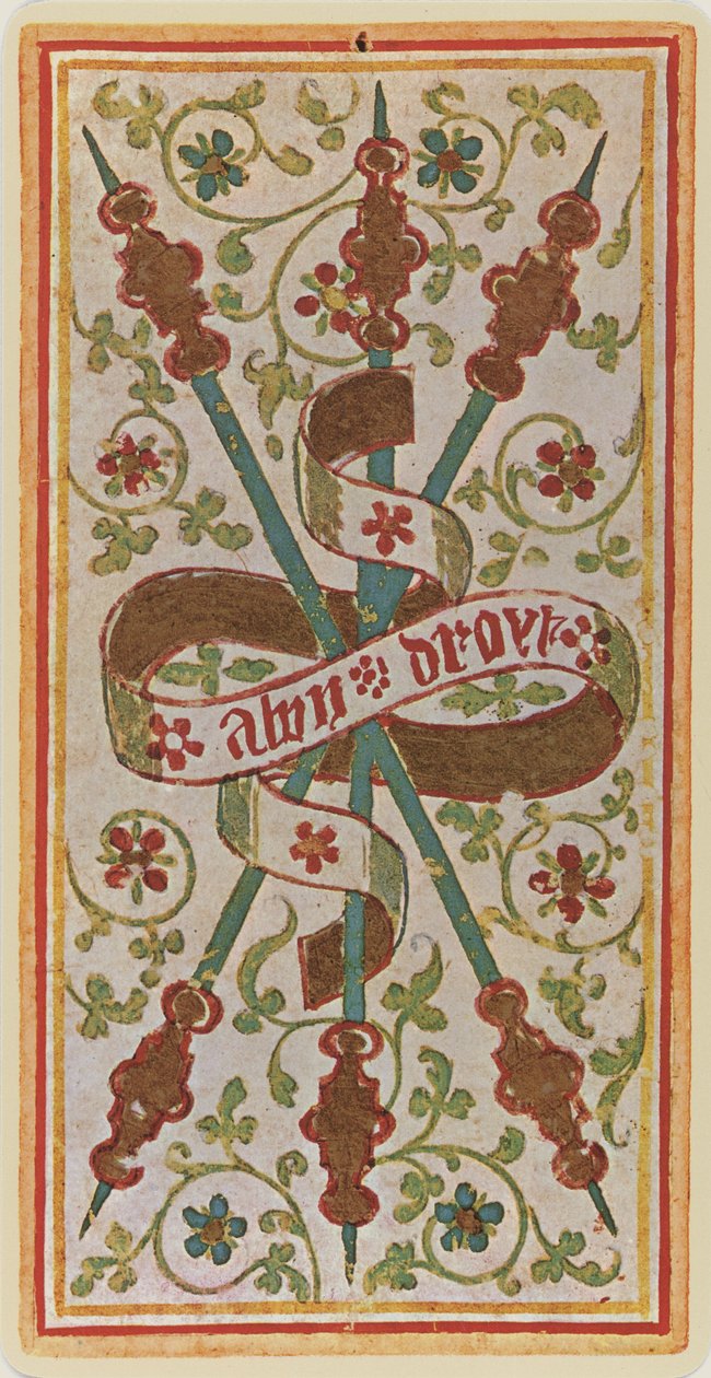 The Three of Wands, faksimile Tarot-kortista "Visconti"-pakasta, 1441-47 tekijältä Bonifacio Bembo