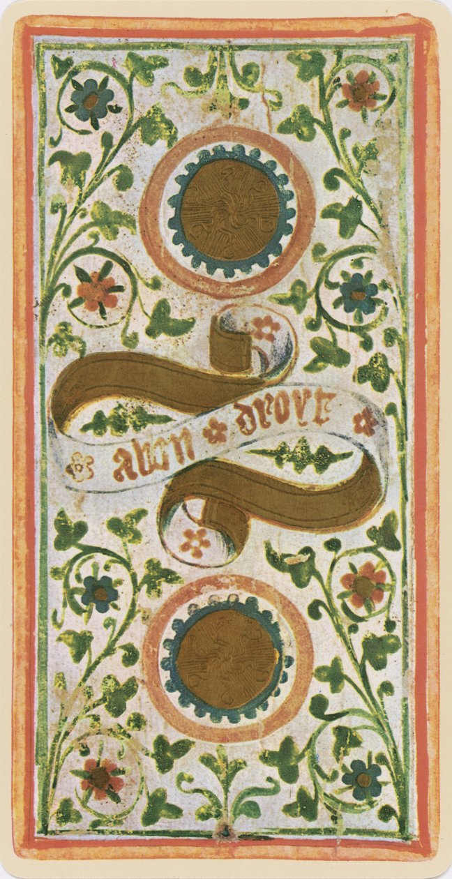 The Two of Coins, faksimile Tarot-kortista Visconti-pakasta, 1441-47 tekijältä Bonifacio Bembo