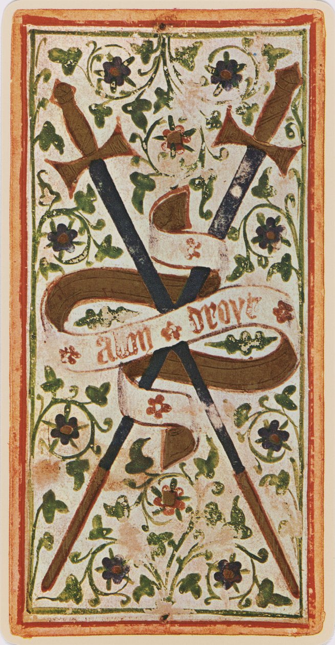 The Two of Swords, faksimile Tarot-kortista "Visconti"-pakasta, 1441-47 tekijältä Bonifacio Bembo