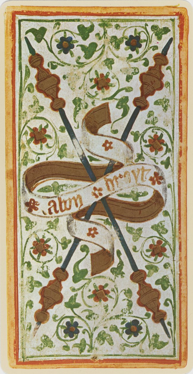 The Two of Wands, faksimile Tarot-kortista "Visconti"-pakasta, 1441-47 tekijältä Bonifacio Bembo