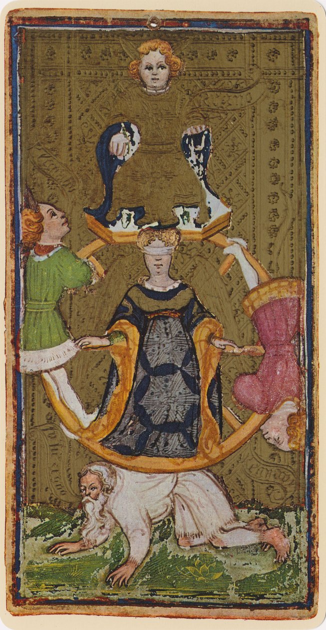 Onnenpyörä, Visconti-pakan tarot-kortin jäljennös, 1441-47. tekijältä Bonifacio Bembo
