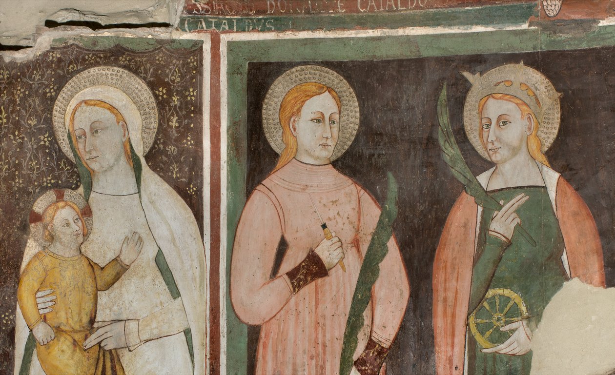North Transept, Pyhän arkkienkeli Mikaelin alttari, alttaritaulun takana Boniface Bembon freskot, Neitsyt ja Lapsi Pyhä Aquilina ja Pyhä Katariina Aleksandrialainen tekijältä Bonifacio Bembo
