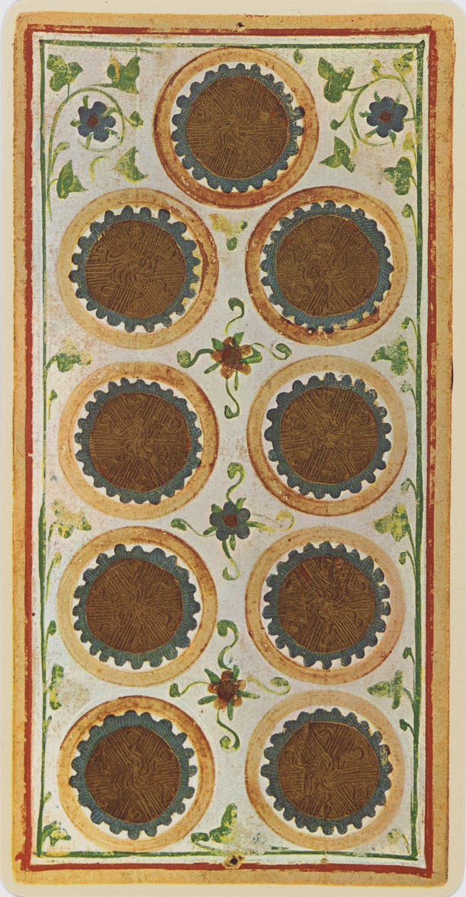 The Nine of Coins, faksimile Tarot-kortista "Visconti"-pakasta, 1441-47 tekijältä Bonifacio Bembo
