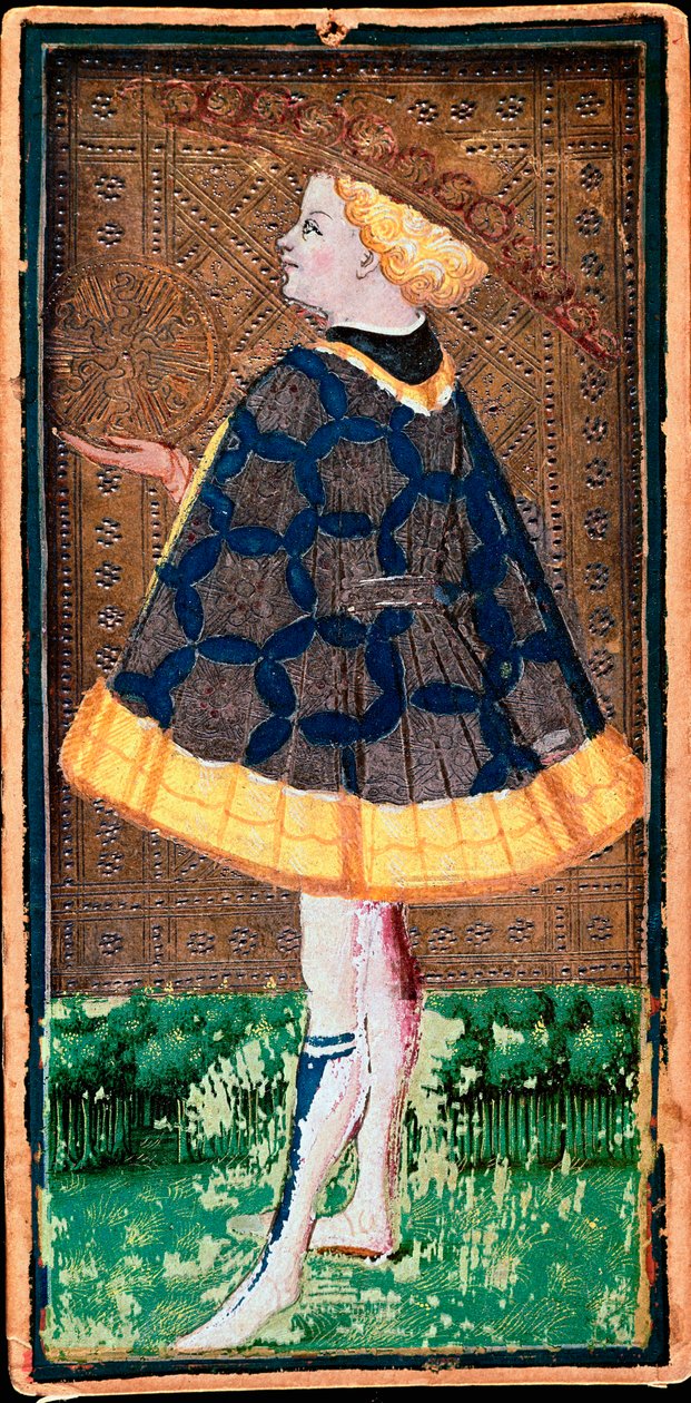 Valet de denier -kortti. Tarot-pelin kartta, jonka teki Bonifacio Bembo (1420-1482) Filippo Maria Viscontille, noin 1440. Bergamo. Carrara Academyn galleria tekijältä Bonifacio Bembo