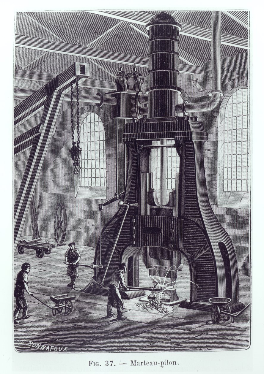 Le Creusot Power Hammer, kuvitus teollisia koneita käsittelevään kirjaan, n. 1880 (bw valokuva) tekijältä Bonnafoux