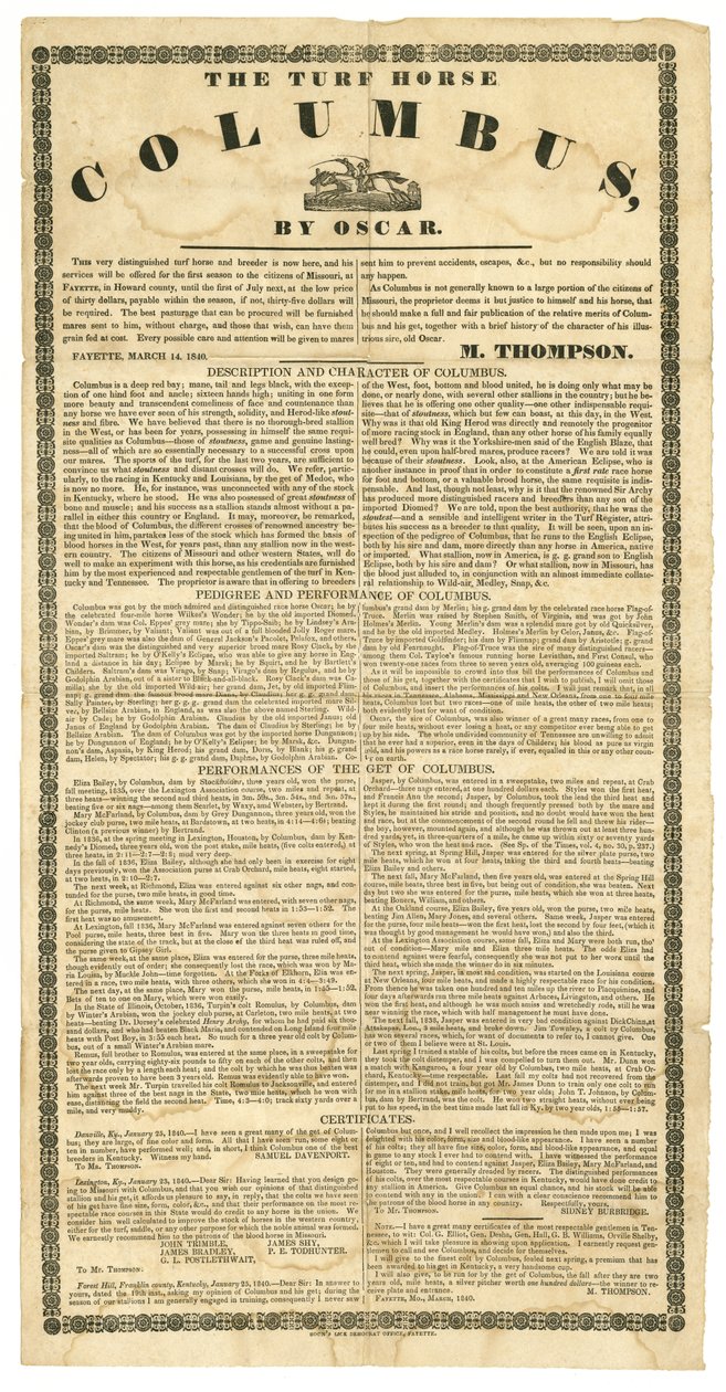 Nastahevonen juliste, joka tarjoaa nurmikkohevosta Columbus, Fayette, Mo., 14. maaliskuuta 1840 tekijältä Boon Democrat