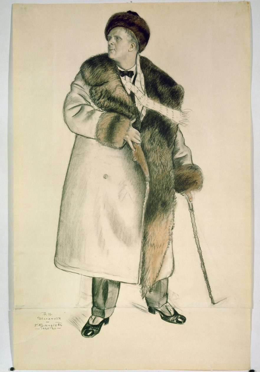 Muotokuva oopperalaulaja Feodor Ivanovitš Chaliapinista (1873-1938) 1920-21 (hiili ja wc paperilla) tekijältä Boris Mikhailovich Kustodiev
