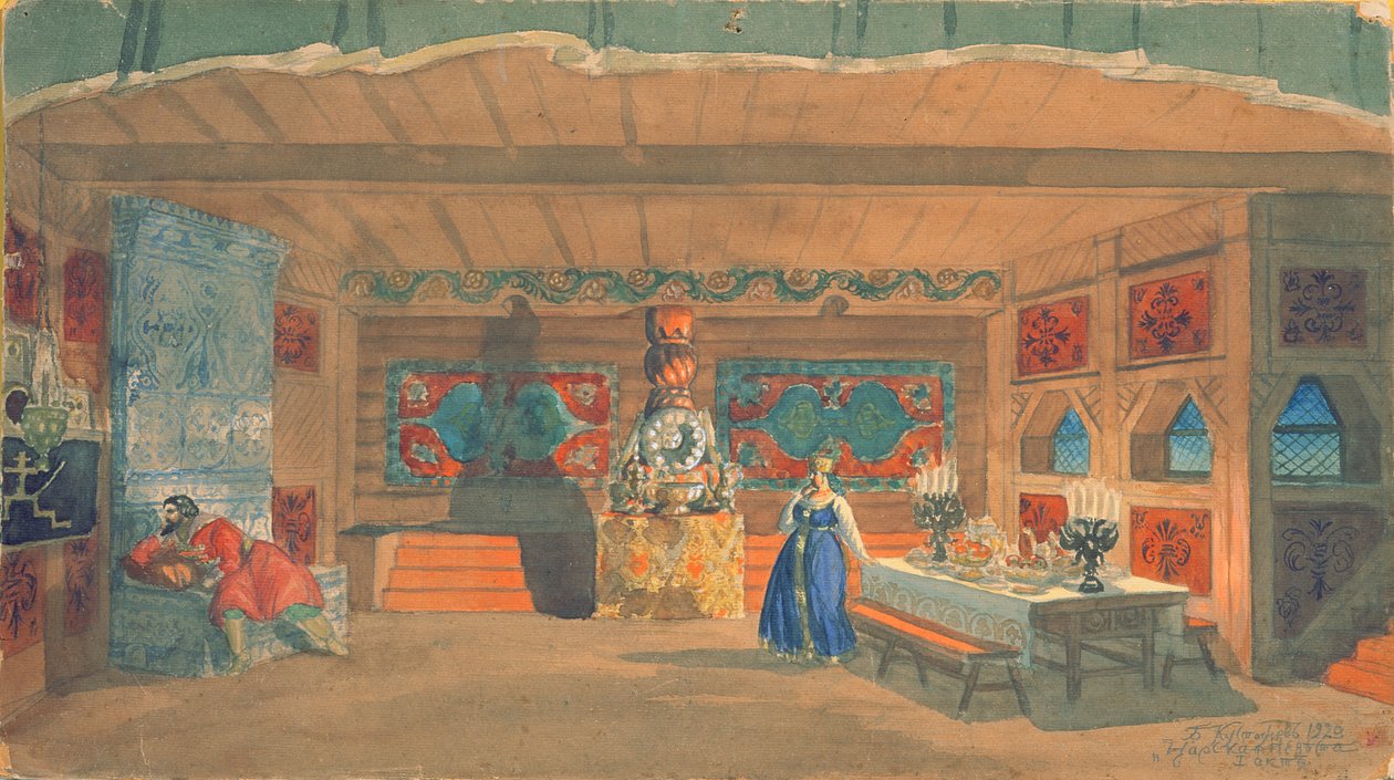 Lavastus Rimski-Korsakovin oopperaan "Tsaarin morsian", 1920 (wc ja guassi paperilla) tekijältä Boris Mikhailovich Kustodiev