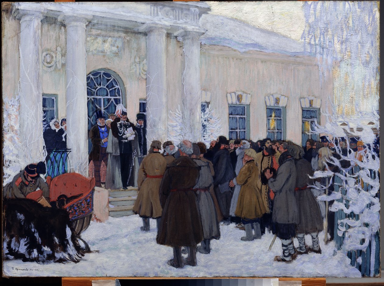 Venäläisten maaorjien vapautus vuosina 1861, 1908-09. tekijältä Boris Mikhailovich Kustodiev