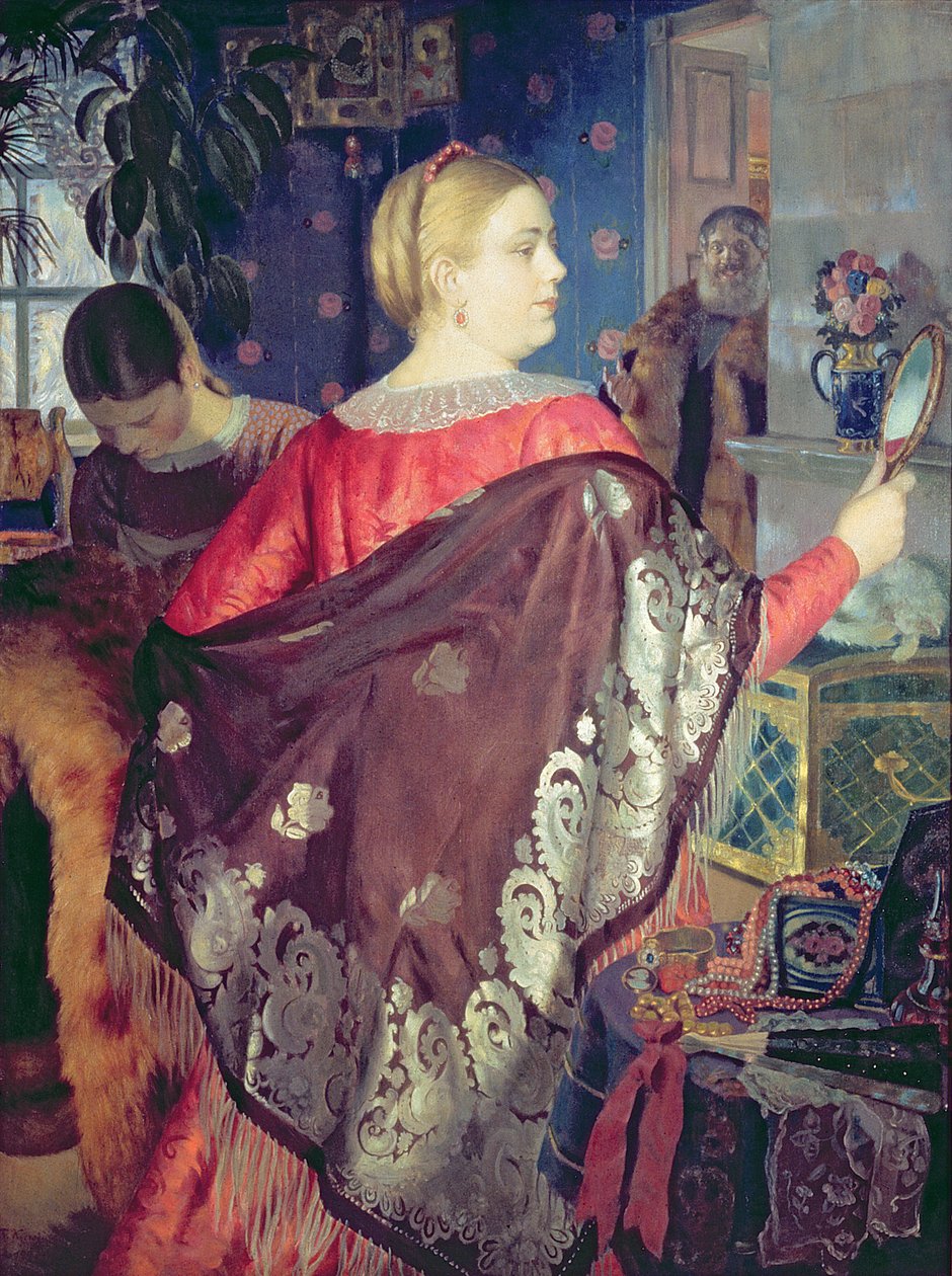 Kauppiaan nainen peilin kanssa tekijältä Boris Mikhailovich Kustodiev