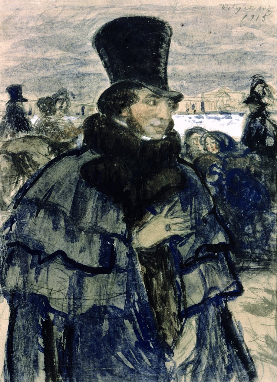 Aleksanteri Puškinin (1799-1837) muotokuva Nevan rantakadulla, 1915 tekijältä Boris Mikhailovich Kustodiev