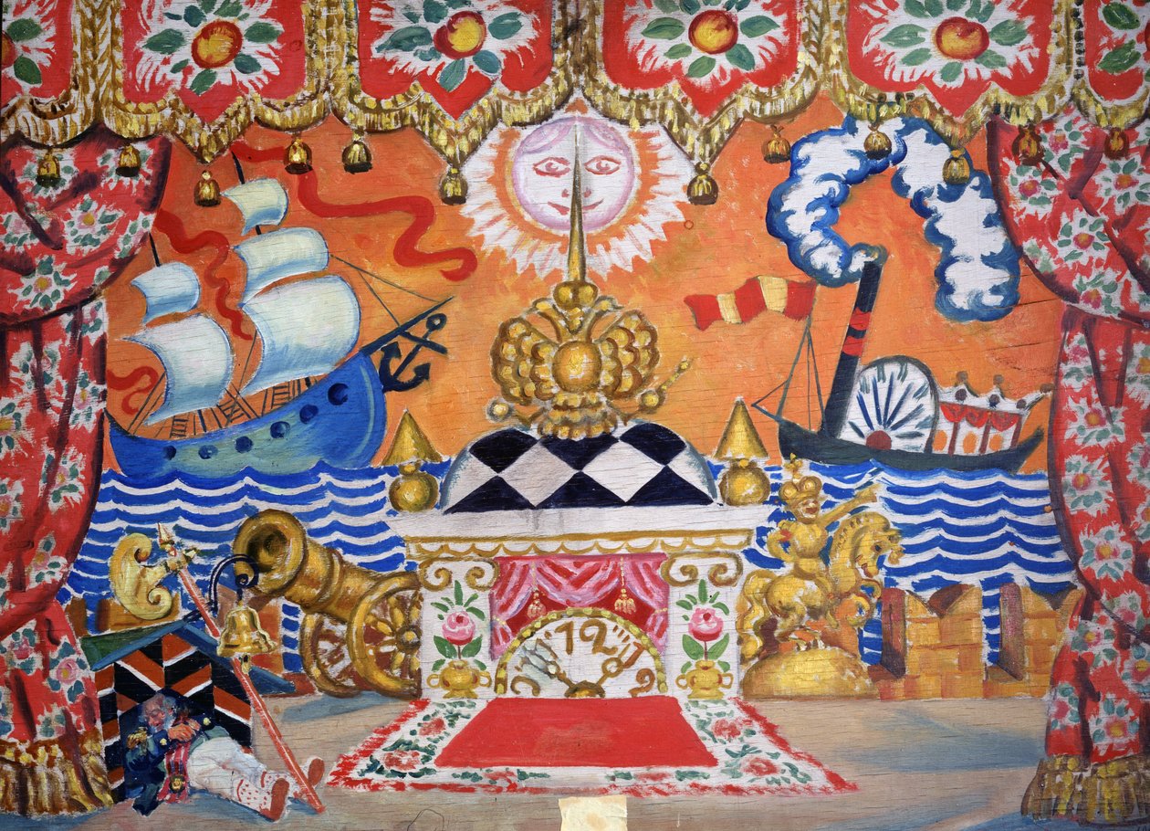 Lavastus elokuvaan The Flea, Jevgeni Zamyatin, 1925 (tempera puulla) tekijältä Boris Mikhailovich Kustodiev