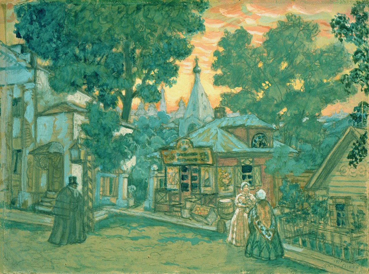Lavastus Ostrovskin näytelmään "Ei penniäkään...", 1917 (wc ja valkoinen väri pahvilla) tekijältä Boris Mikhailovich Kustodiev