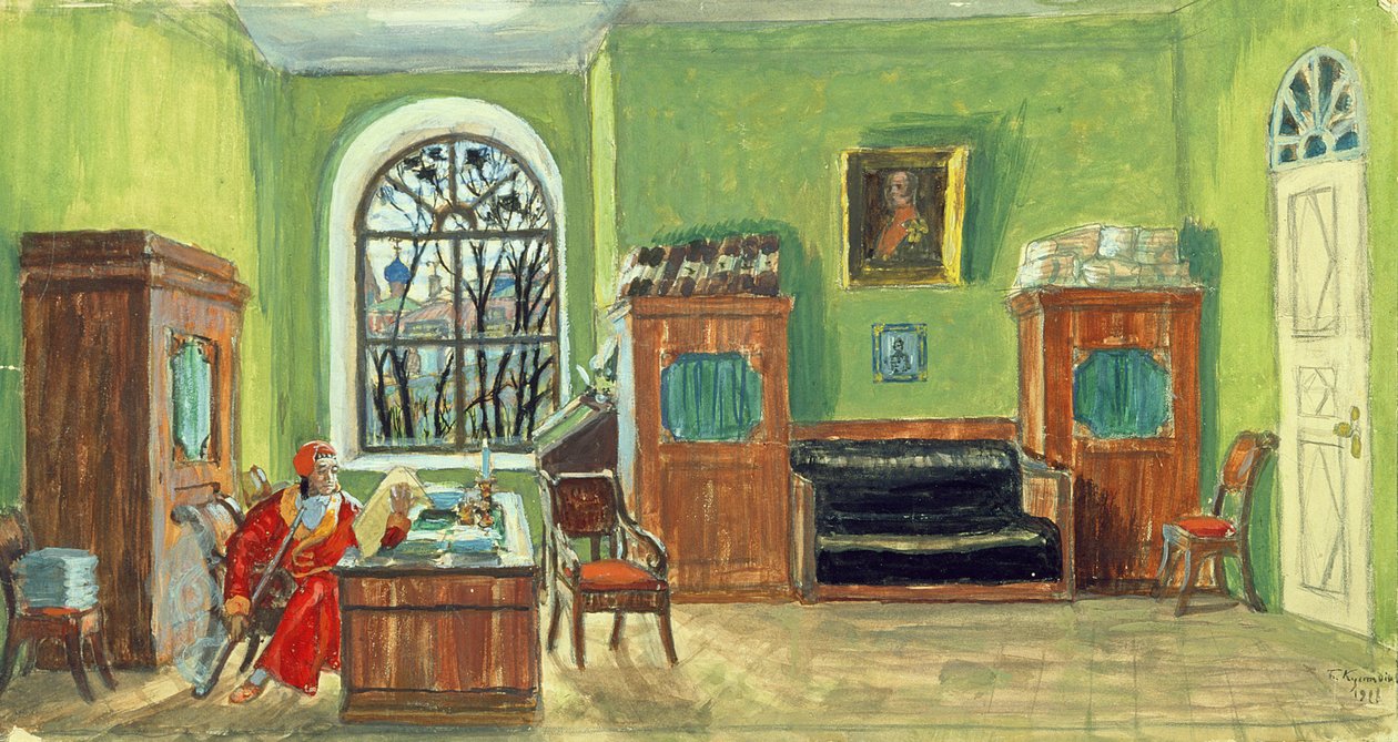 Lavastus M. Saltykow-Schtschedrinin teatterinäytelmään "Pushkinin kuolema", 1914 (akvarelli, guassi paperille) tekijältä Boris Mikhailovich Kustodiev