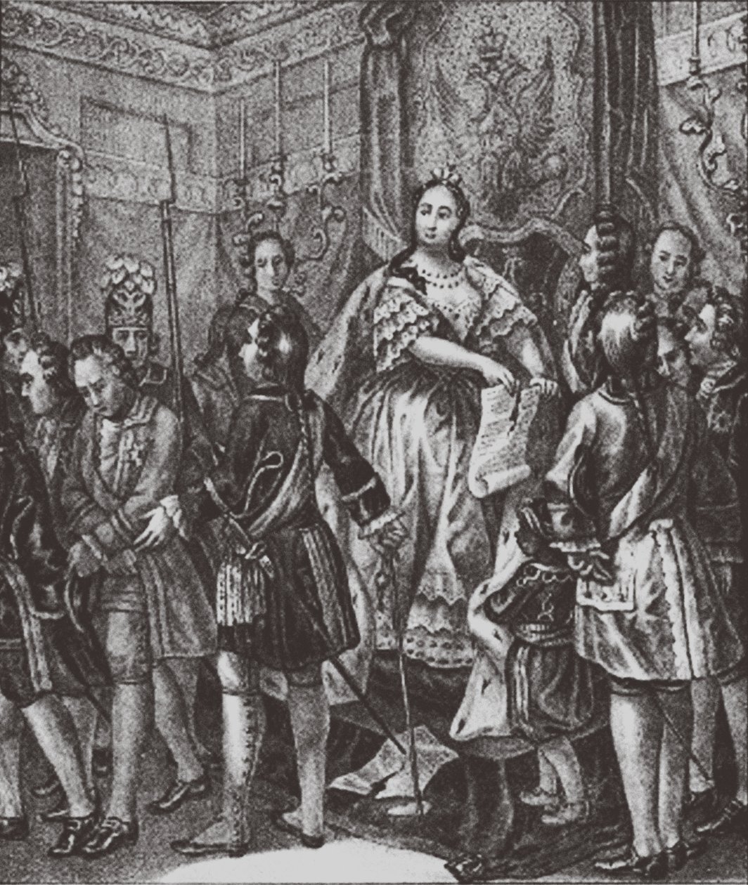 Anna Ioannovna repimässä ehtoihin, 1730 tekijältä Boris Artemyevich Chorikov