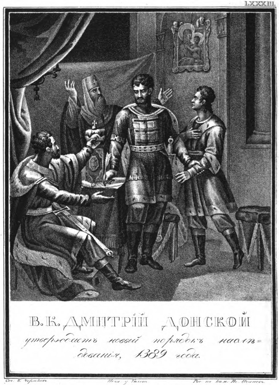Dmitri Donskoy hyväksyy uuden perintöjärjestyksen, 1389 Kuvitetusta Karamzinista, 1836 tekijältä Boris Artemyevich Chorikov