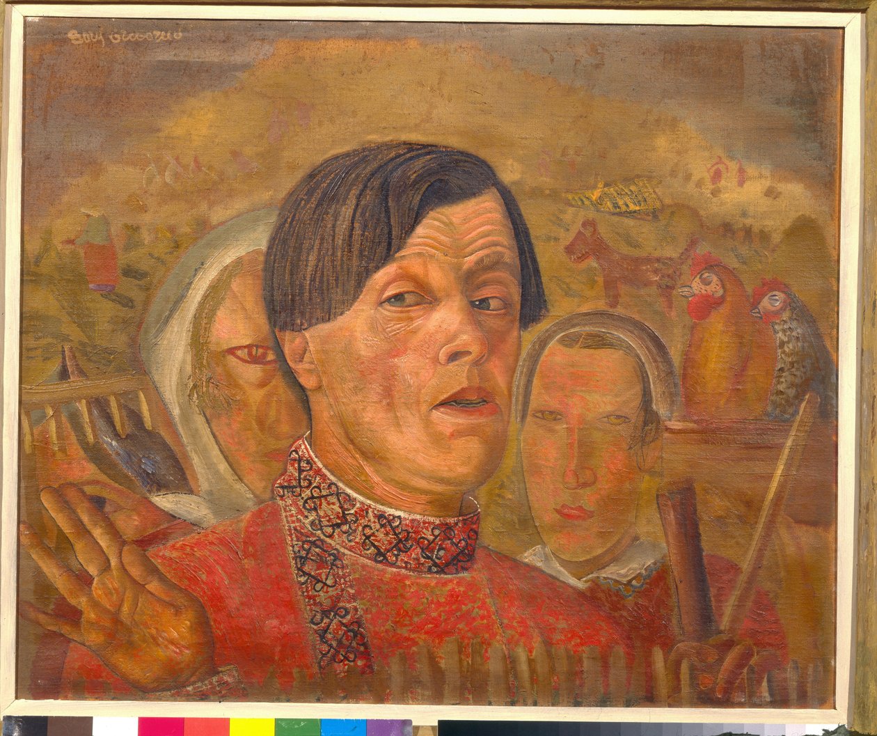 Omakuva kukon ja kanan kanssa (Omakuva kukon ja kanan kanssa) - Boris Dmitrievich Grigorjevin (1886-1939) maalaus, noin 1924 - Öljy kankaalle - Koko: 60,4 x 73,5 cm - Yksityinen kokoelma tekijältä Boris Dmitrievich Grigoriev