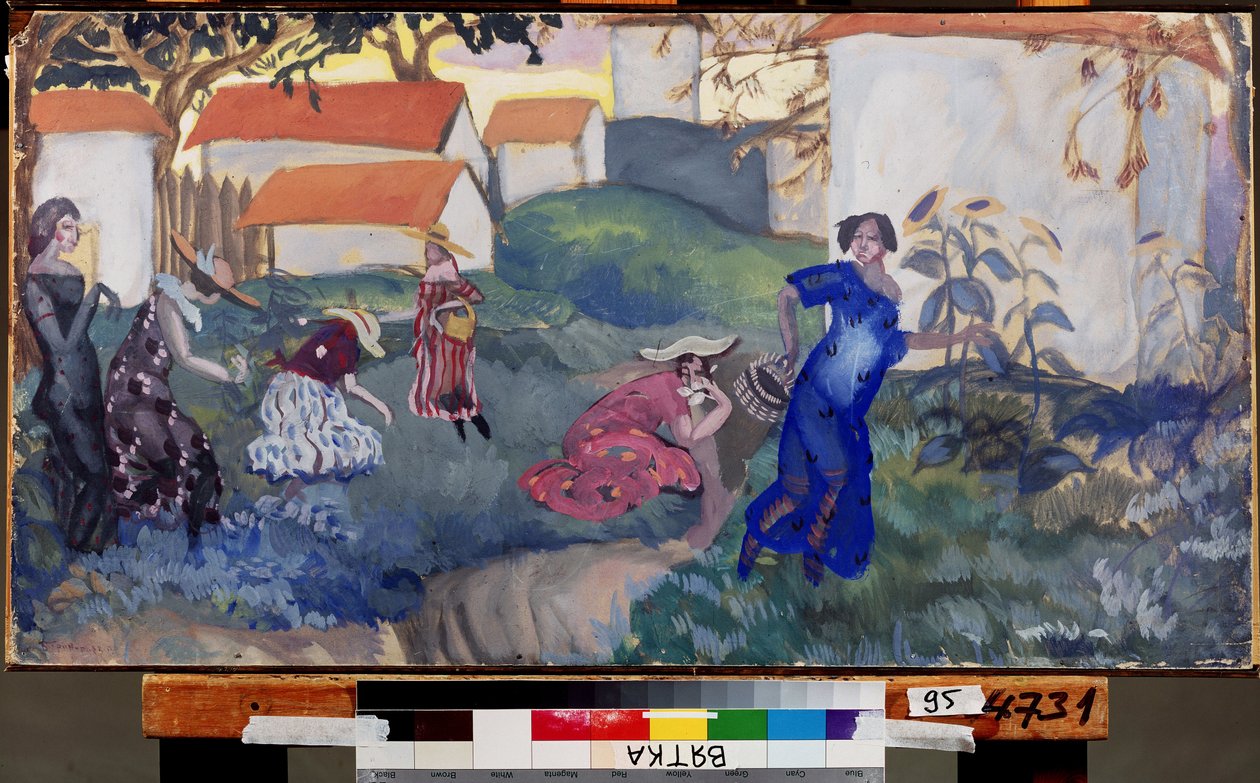 Kesä. Naiset juoksemassa ja leikkimässä puutarhassa talojen edessä. Boris Dmitrievich Grigorjevin (1886-1939) työ, akvarelli ja guassi paperille tekijältä Boris Dmitrievich Grigoriev
