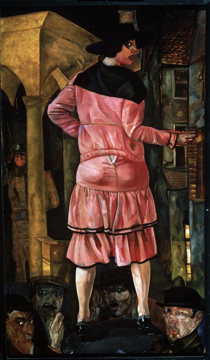 Blondien katu (Street of the Blondes). Prostituoitu kadulla Pariisissa (Ranska), jota ympäröivät epäilyttävät silmät miesten kasvot, jota katselee mies, joka piiloutuu rakennuksen pylvään taakse. Boris Dmitrievich Grigorjevin maalaus ( tekijältä Boris Dmitrievich Grigoriev