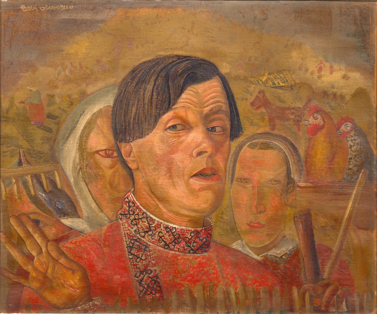 Omakuva, jossa kukko ja kana, c. 1924 tekijältä Boris Dmitrievich Grigoriev