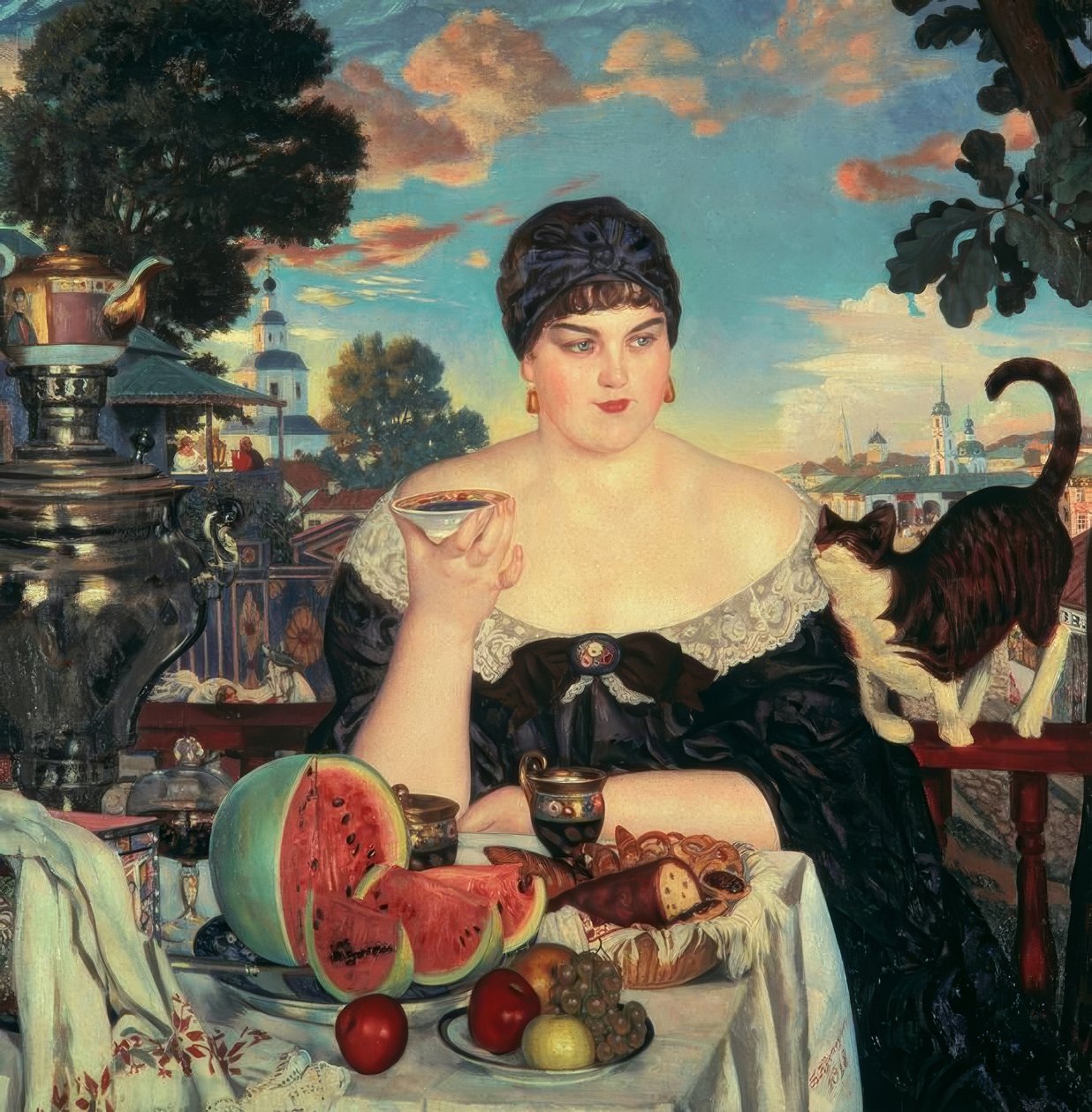 Kaufmannsfrau beim Tee tekijältä Boris Mikhailovich Kustodiev