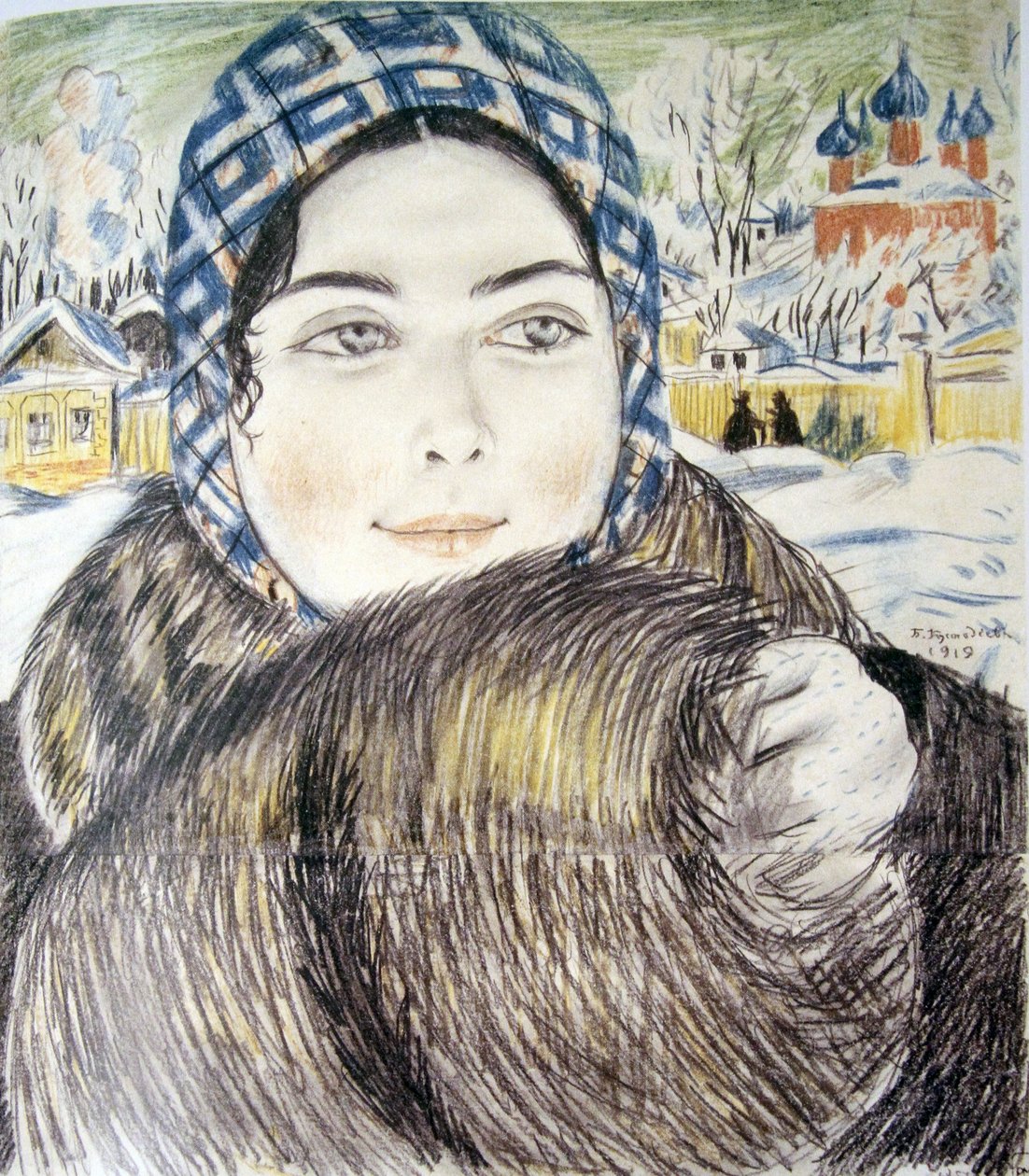 Nuoren kauppiaan vaimo ruudullisessa huivissa par Kustodiev, Boris Michaylovich (1878-1927) tekijältä Boris Mikhailovich Kustodiev