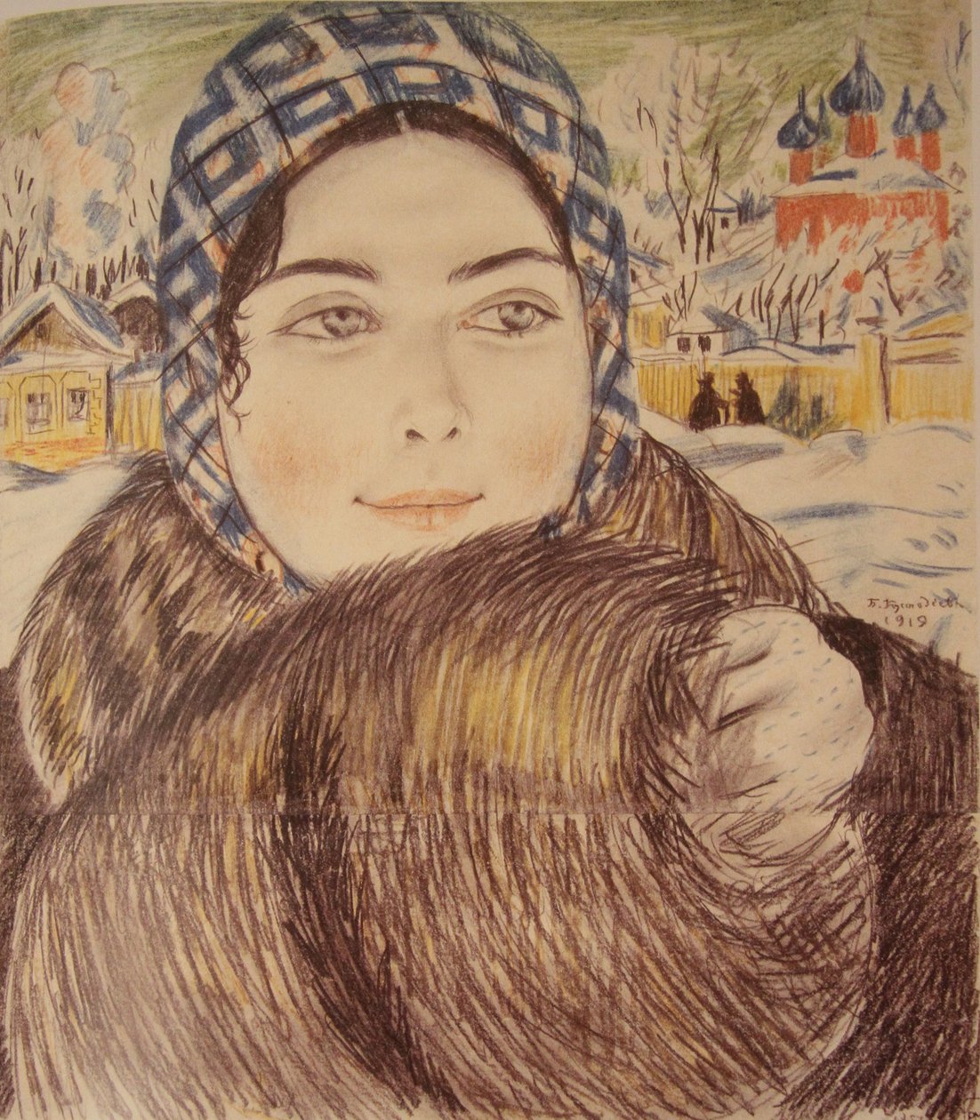 Nuoren kauppiaan vaimo ruudullisessa huivissa, 1919 tekijältä Boris Mikhailovich Kustodiev