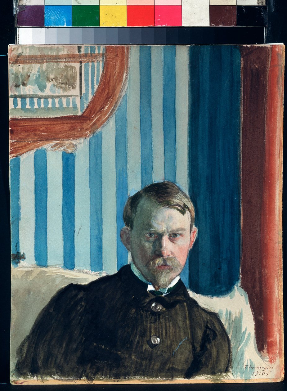 Omamuotokuva (omakuva) - Boris Mihailovich Kustodievin (1878-1927) työ, akvarelli, guassi ja tussi paperille tekijältä Boris Mikhailovich Kustodiev