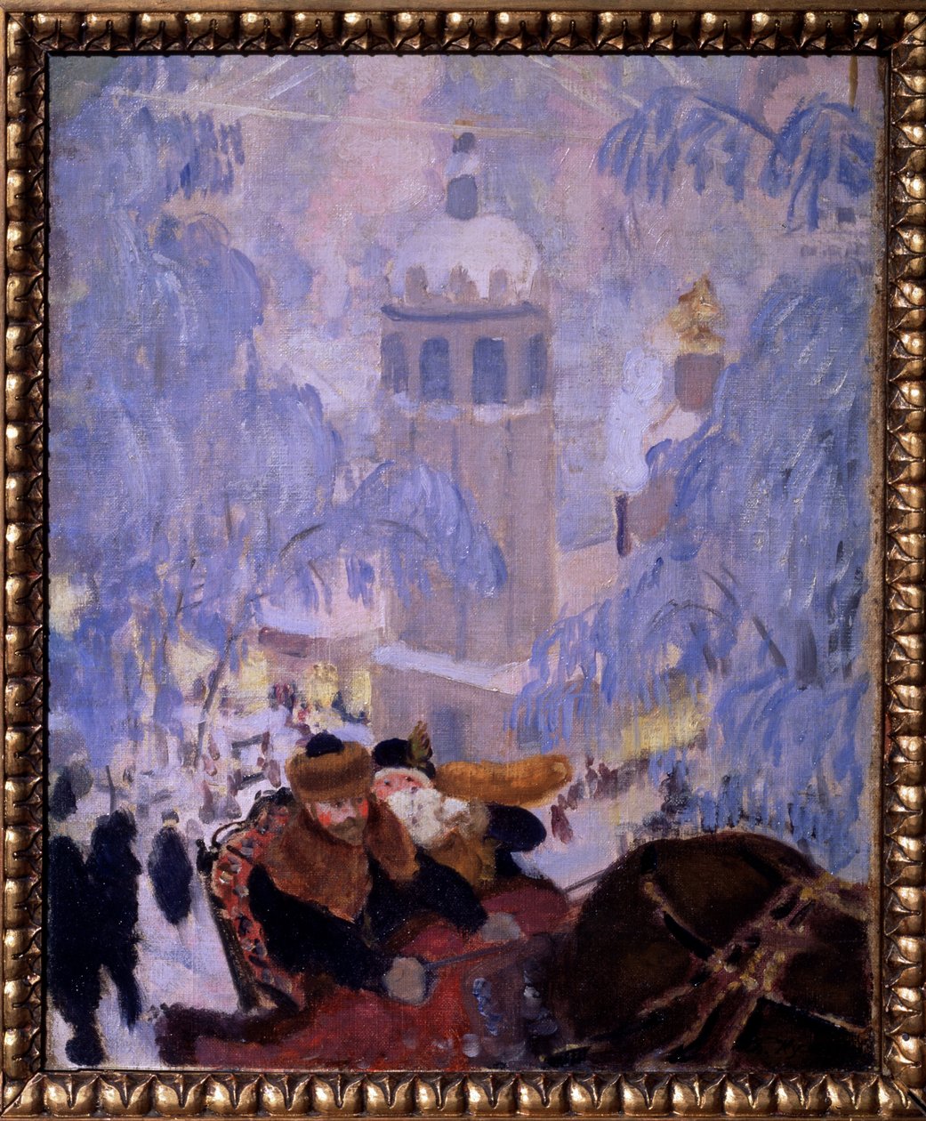 Omakuva vaimonsa kanssa. Edustettuna hevosten vetämässä reessä, jättäen kaupungin lumen peittämiin kattoihin. Boris Michaylovich Kustodiev (Kustodiev) (1878-1927) maalaus öljy kankaalle tekijältä Boris Mikhailovich Kustodiev