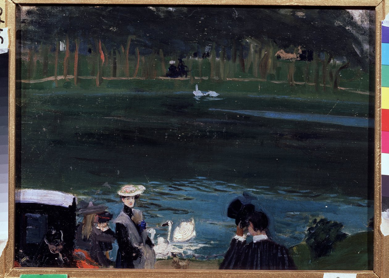 Bois de Boulogne. Järvi joutsenia ja kävelijöitä. Boris Michaylovich Kustodiev (Kustodiev) (1878-1927) maalaus öljy kankaalle tekijältä Boris Mikhailovich Kustodiev