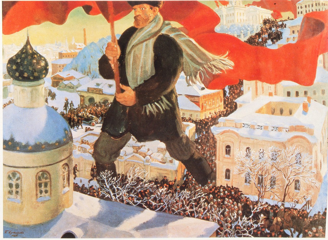 Bolševisti, Boris Kustodjevin maalauksen mukaan, Venäjä (litografia) tekijältä Boris Mikhailovich Kustodiev