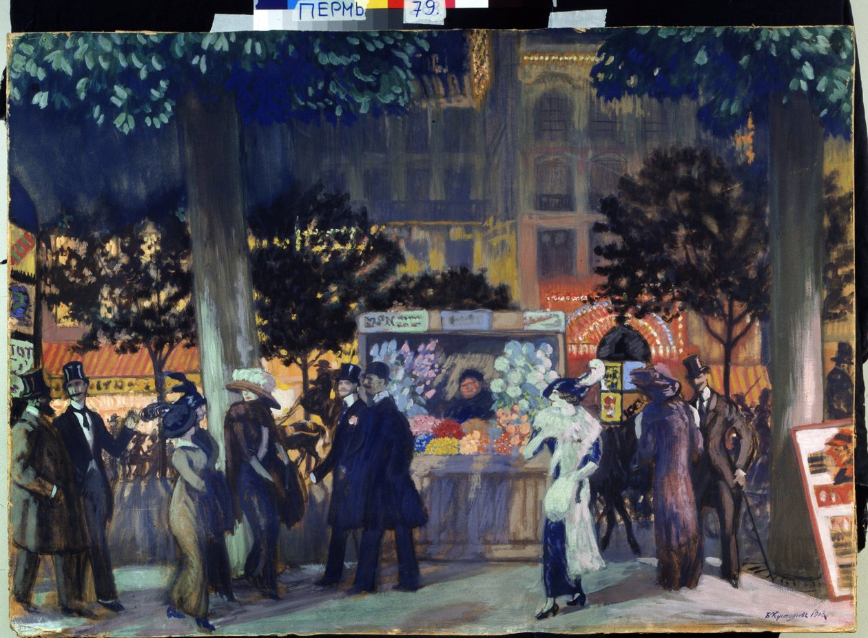 Boulevard Pariisissa, yöllä. (Bulevard Pariisissa yöllä). Kuvaus pariisilaisen elämän yöanimaatiosta kesällä. Voit nähdä Morris-sarakkeita. Boris Michaylovich Kustodiev (Kustodiev) (1878-1927) maalaus öljy kankaalle tekijältä Boris Mikhailovich Kustodiev