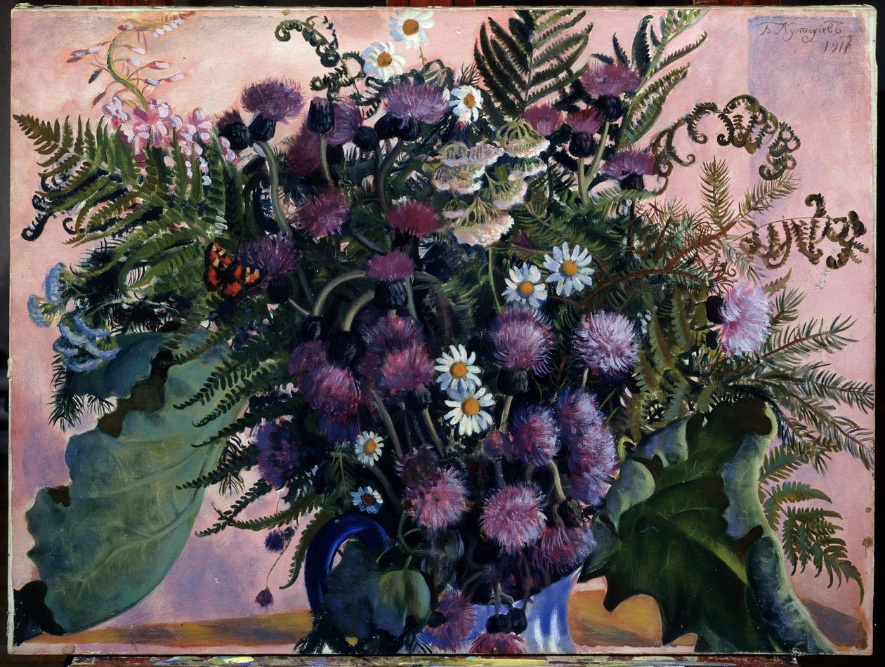 Kimppu suomalaisia ​​kukkia. (Suomalainen kukkakimppu). Boris Michaylovich Kustodiev (Kustodiev) (1878-1927) maalaus öljy kankaalle tekijältä Boris Mikhailovich Kustodiev