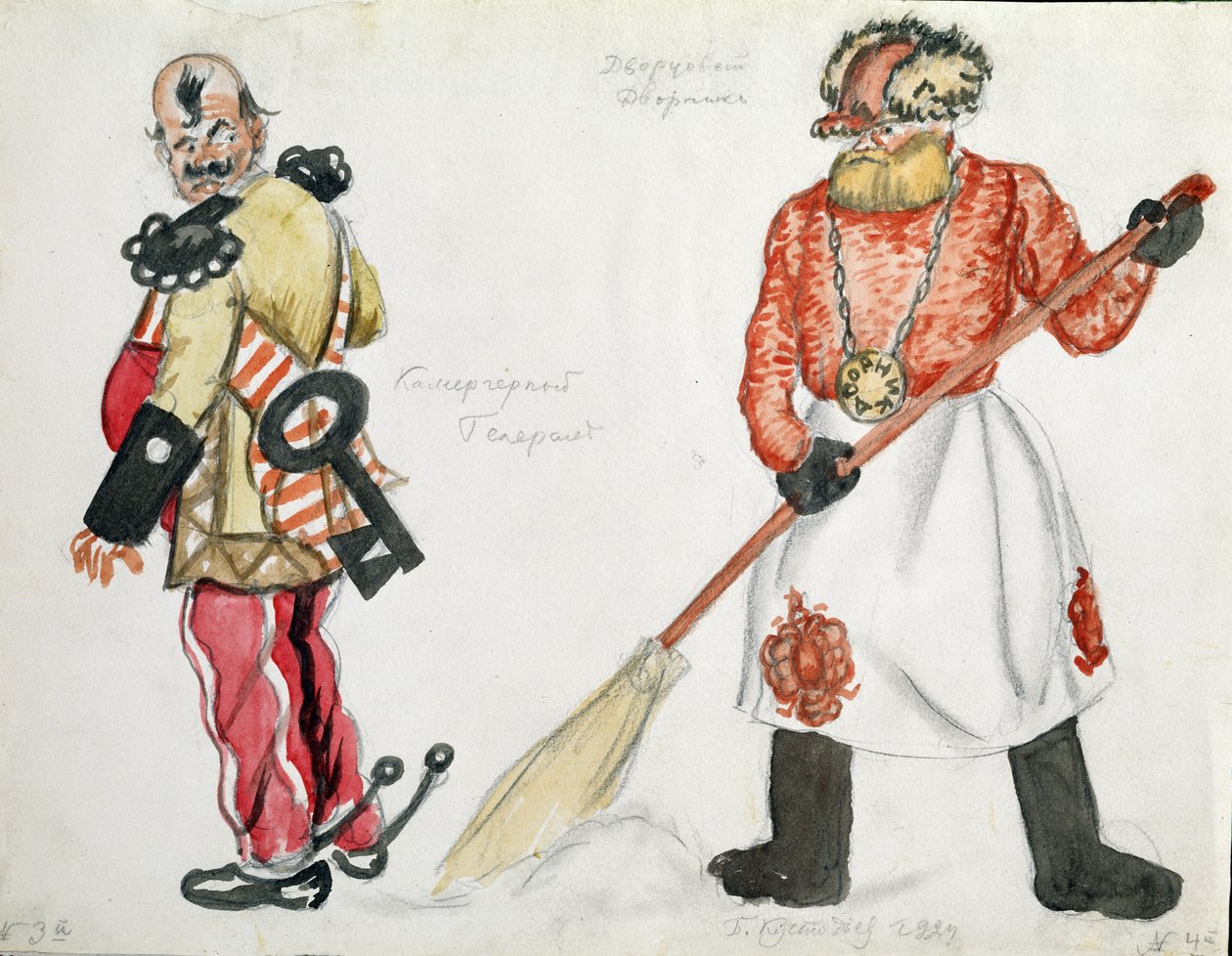 Pukusuunnittelu elokuvaan The Flea, Jevgeni Zamyatin tekijältä Boris Mikhailovich Kustodiev
