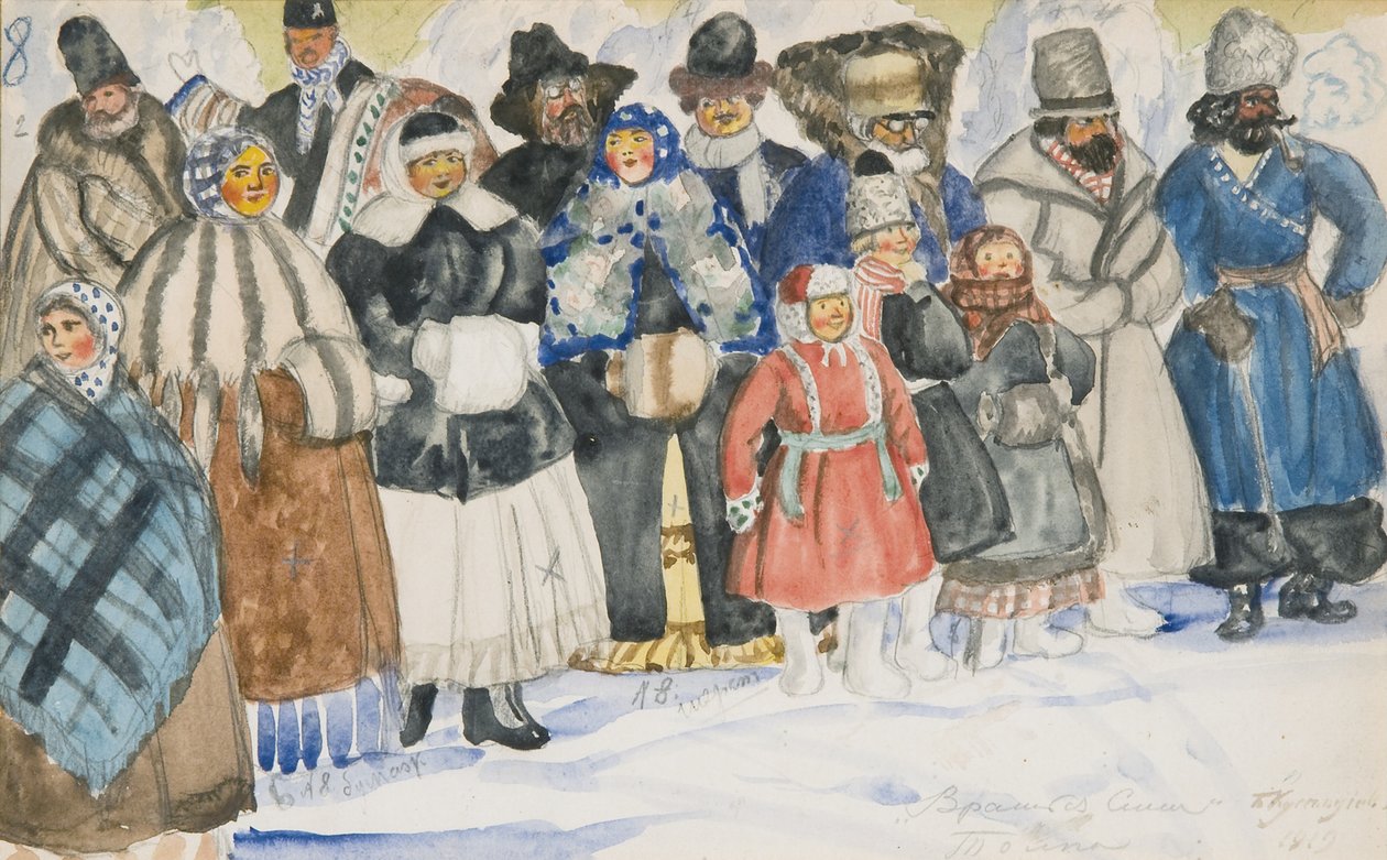 Pukusuunnittelu A. Serovin oopperaan Paholaisen voima, 1919 tekijältä Boris Mikhailovich Kustodiev
