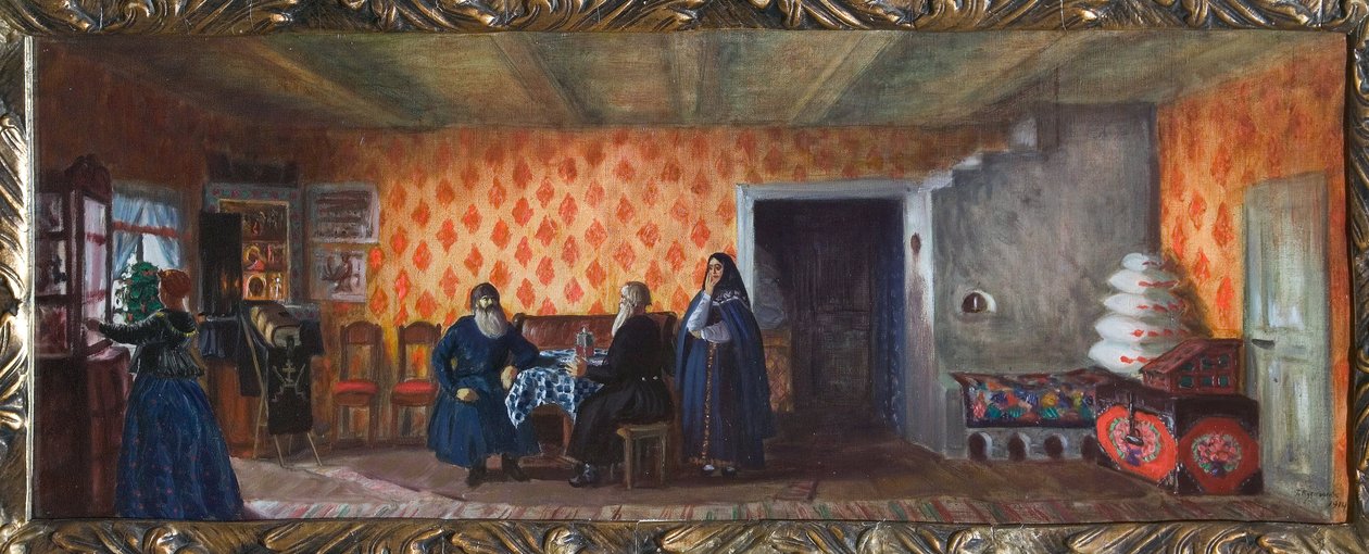 Mihail Saltykov-Shchedrin (Saltykov Shchedrin, Saltykov-Chtchedrine, Saltykov Chtchedrine) (1826-1889) (1826-1889) (M. Saltykov Schtschedrinechin teatterinäytelmän Passukhinin kuolema) sisustuksen valmistelu. ). tekijältä Boris Mikhailovich Kustodiev