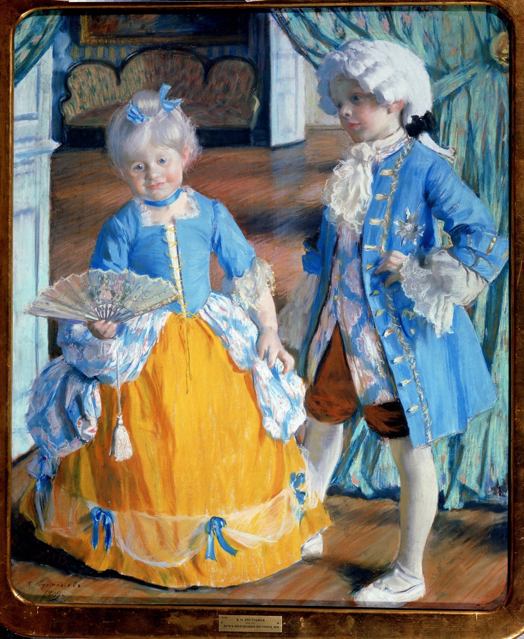Lapset rokokoopuvussa (Children in Rococo Dress). Pojalla on sukat ja peruukki jalassa, tytöllä pitsiviuhka. Boris Michaylovich Kustodiev (Kustodiev) (1878-1927) maalaus öljy kankaalle tekijältä Boris Mikhailovich Kustodiev