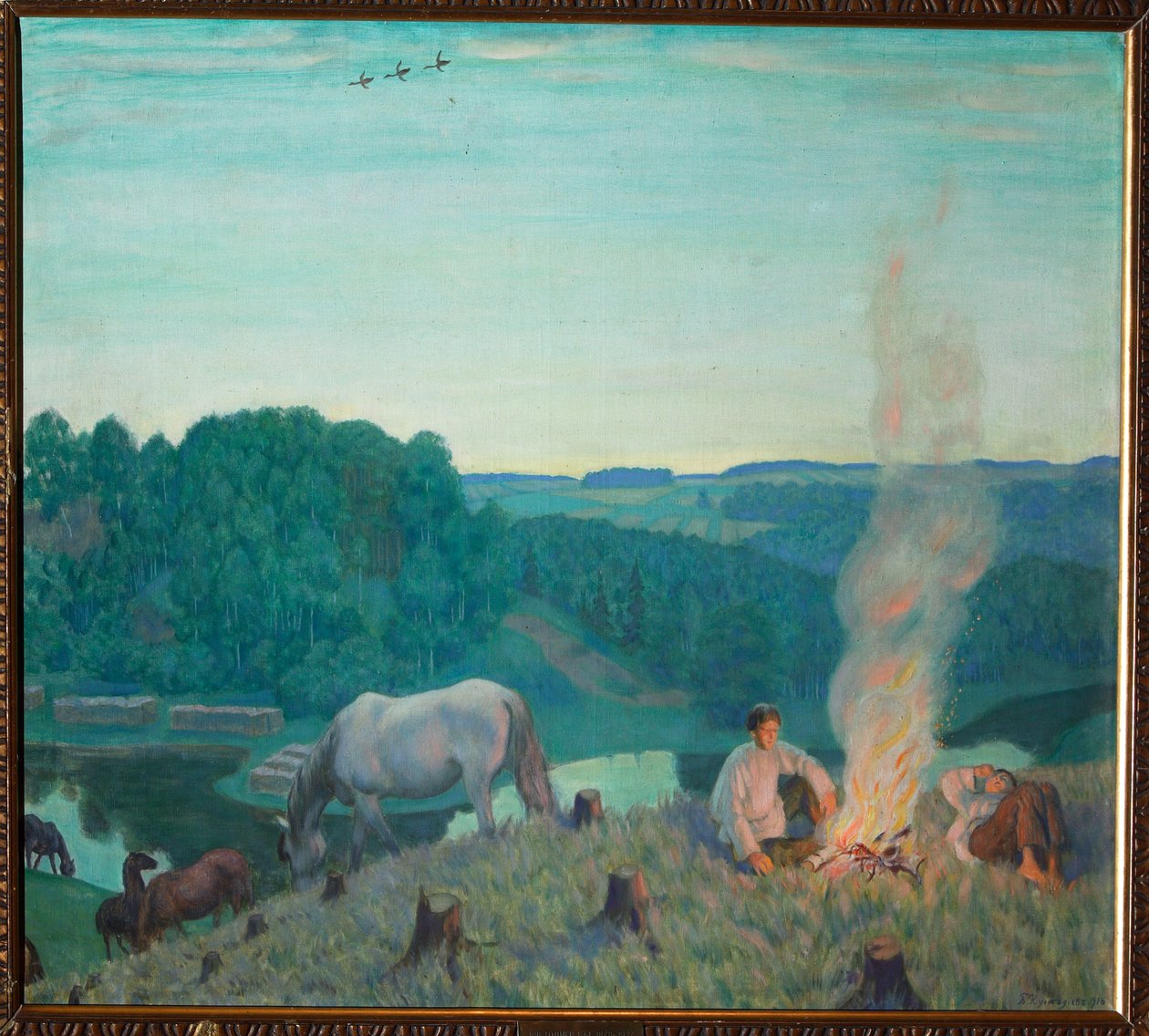 Nuotio (Campfire). Maisema kesäiltana, nuoret pojat lepäävät puupalon ympärillä joen rannalla. Heidän ympärillään hiljaisuus, seesteisyys ja hevoset laiduntavat rauhallisesti. Boris Michaylovich Kustodiev (Kustodiev) maalaus (1 tekijältä Boris Mikhailovich Kustodiev