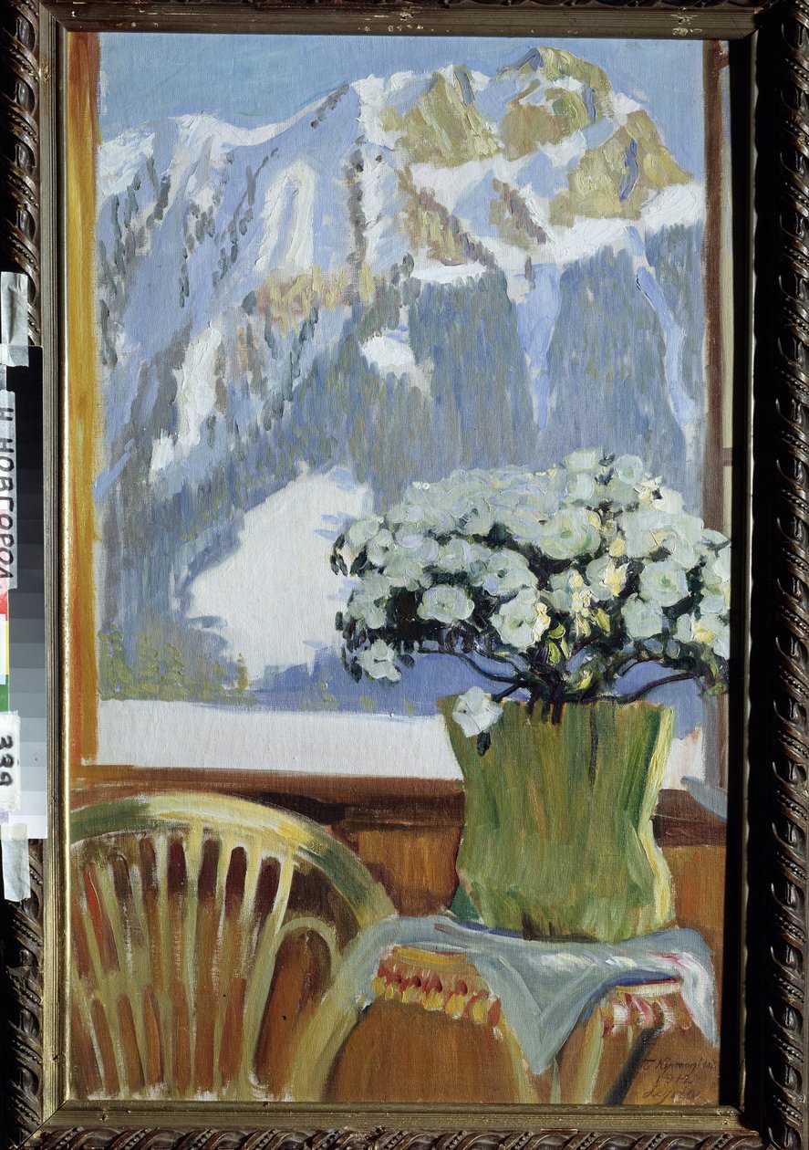 Kukkia parvekkeella, josta on näkymät vuorille. Boris Michaylovich Kustodiev (Kustodiev) (1878-1927) maalaus öljy kankaalle tekijältä Boris Mikhailovich Kustodiev