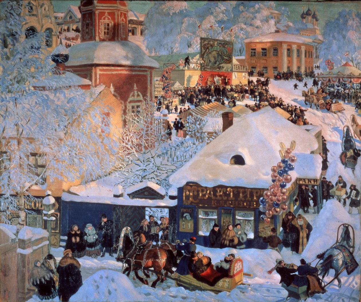 Talvi, Mardi Gras (talvi, Schrovetide). Perinteisiä juhlia maakuntakaupungin lumisilla kaduilla. Kaupungin rakennusten kuvauksen lisäksi ilmapalloklusterit, karuselli, tavernoiden julkisivut ja reet, joita vetää tekijältä Boris Mikhailovich Kustodiev