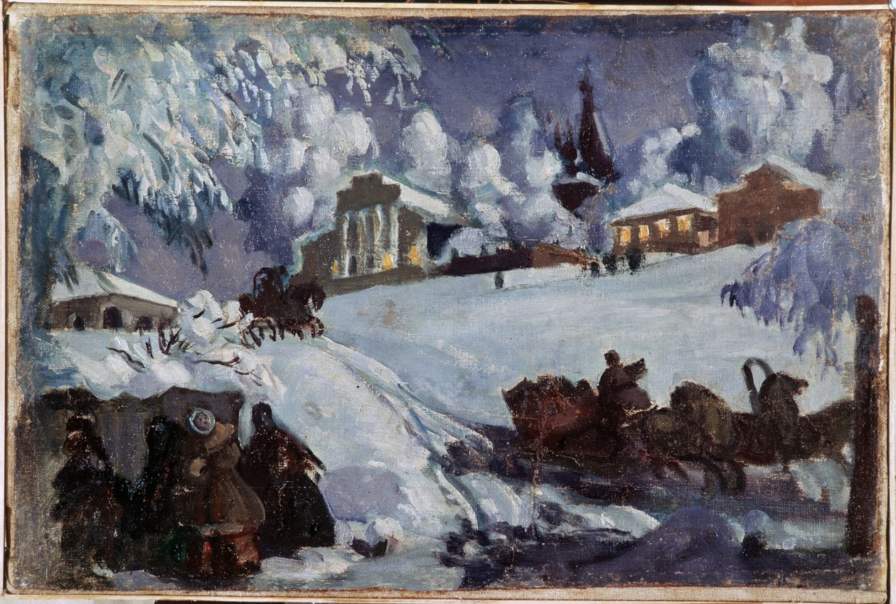 Talvi, kelkat (talvi. Rekiajelu). Boris Michaylovich Kustodiev (Koustodiev) (1878-1927) maalaus, öljy kankaalle, noin 1920. Venäläinen taide, 1900-luvun alku. Yksityinen kokoelma. tekijältä Boris Mikhailovich Kustodiev