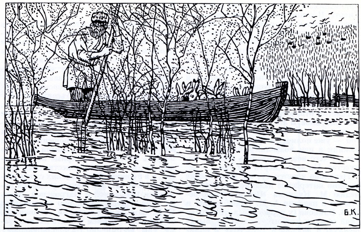 Kuvitus N. Nekrasovin runoon Isoisä Mazay ja jänikset, 1910 tekijältä Boris Mikhailovich Kustodiev