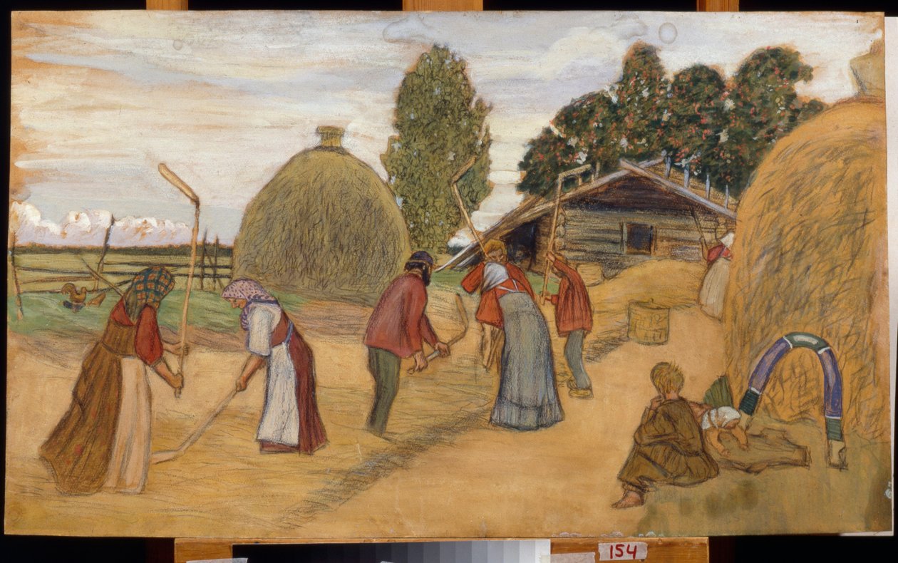 Sadon puinti ryyppyllä (Treshing Floor) - Boris Michaylovich Kustodiev (Koustodiev) (1878-1927) työ, pastelli pahville, 59x100 cm tekijältä Boris Mikhailovich Kustodiev